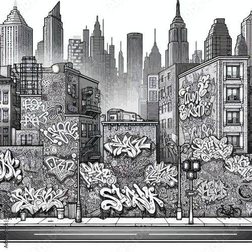 A city wall covered in graffiti art, with bold tags, street art characters coloring page 
