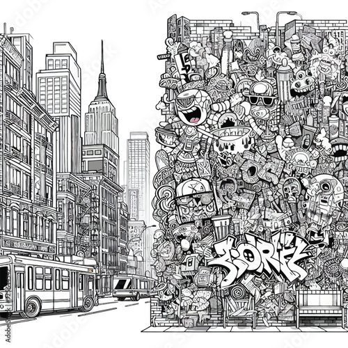 A city wall covered in graffiti art, with bold tags, street art characters coloring page 