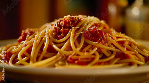 Close up photo of a plate of spaghetti with marinara sauce