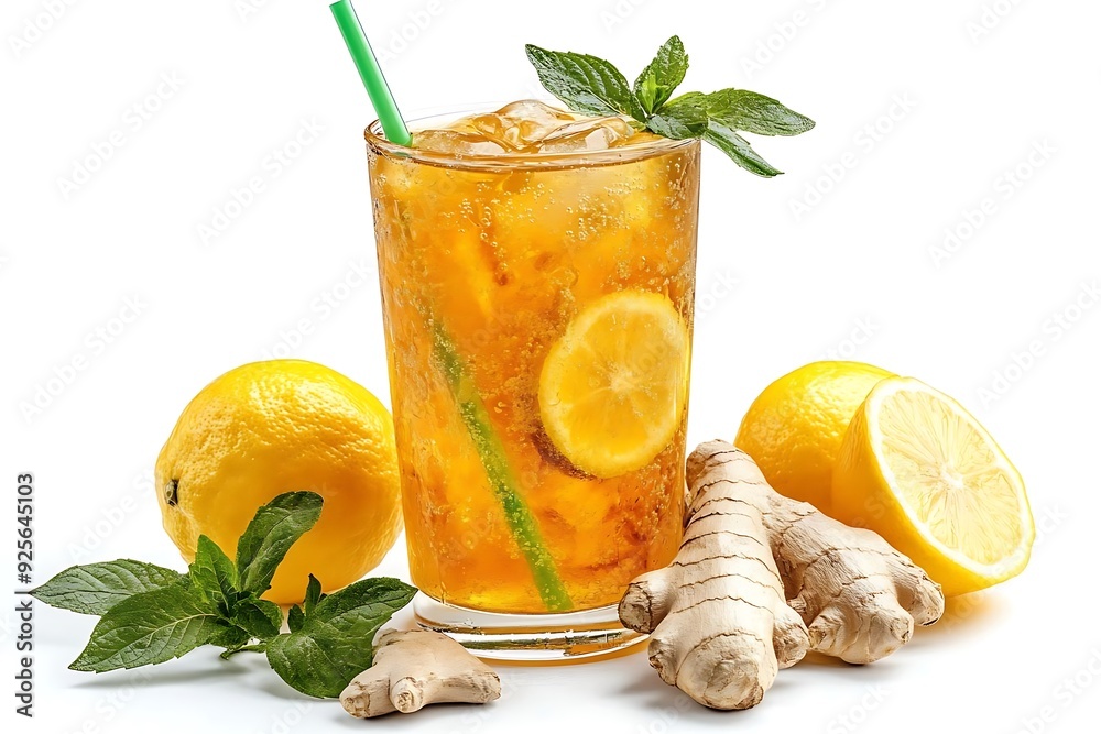 Fototapeta premium Ginger Lemon Iced Tea with Mint Illustration