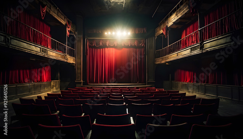 Empty School Theater Room with Quiet, Dusty Seats, and an Unused Stage, Reflecting the Silence and Stillness of an Abandoned Performing Arts Facility