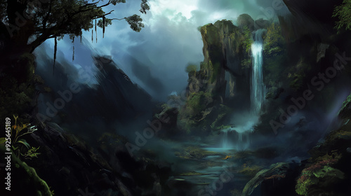 waterfall in the mountains, fantasy wallpaper