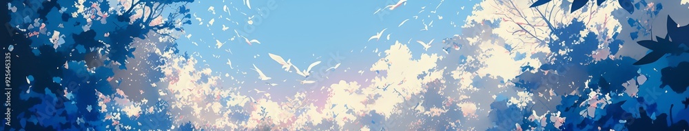 Fototapeta premium Enchanting Winter Wonderland: AI-Generated 4K Anime-Style Aerial View of Migrating Geese over Snowy Landscape with Winter Jasmine. Magical Frost Kingdom featuring Vibrant Blue Sky and Delicate Blossom