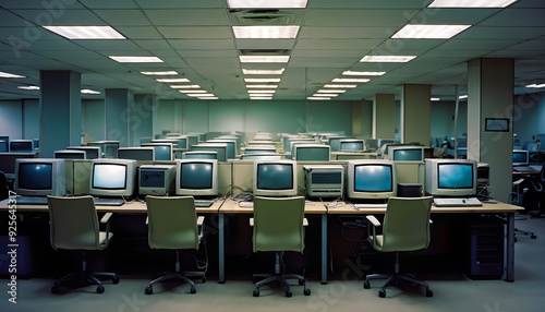 1990 Year School Computer Laboratory with Outdated Technology, Dusty Keyboards, and Faded Screens, Reflecting the Old Era of Digital Learning