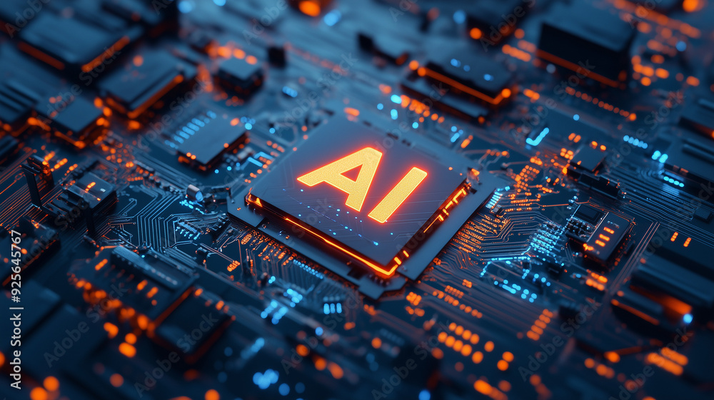 AI chip embedded in a blue circuit board with glowing circuitry. Futuristic technology concept for artificial intelligence and digital innovation. AI chip embedded in a blue circuit board with glowing circuitry. Futuristic technology concept for artificial intelligence and digital innovation.