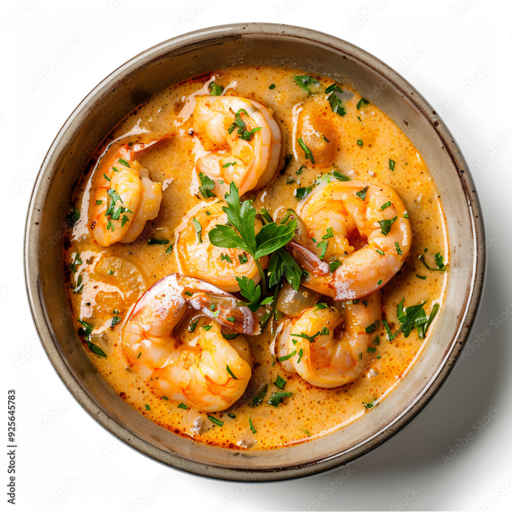 a bowl of shrimp and vegetable soup with parsley a bowl of shrimp and vegetable soup with parsley