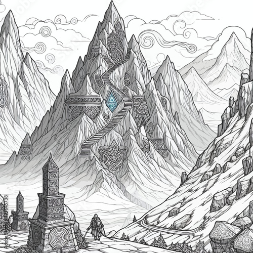 A climb up a steep, mystical mountain with snow-capped peaks, glowing runes vector coloring page 