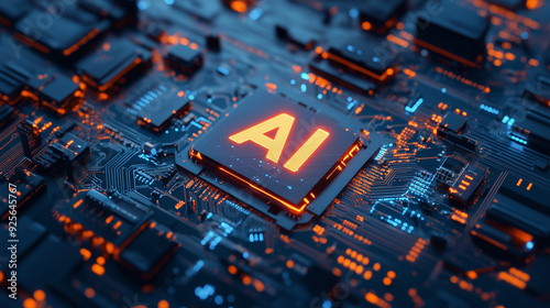 AI chip embedded in a blue circuit board with glowing circuitry. Futuristic technology concept for artificial intelligence and digital innovation.