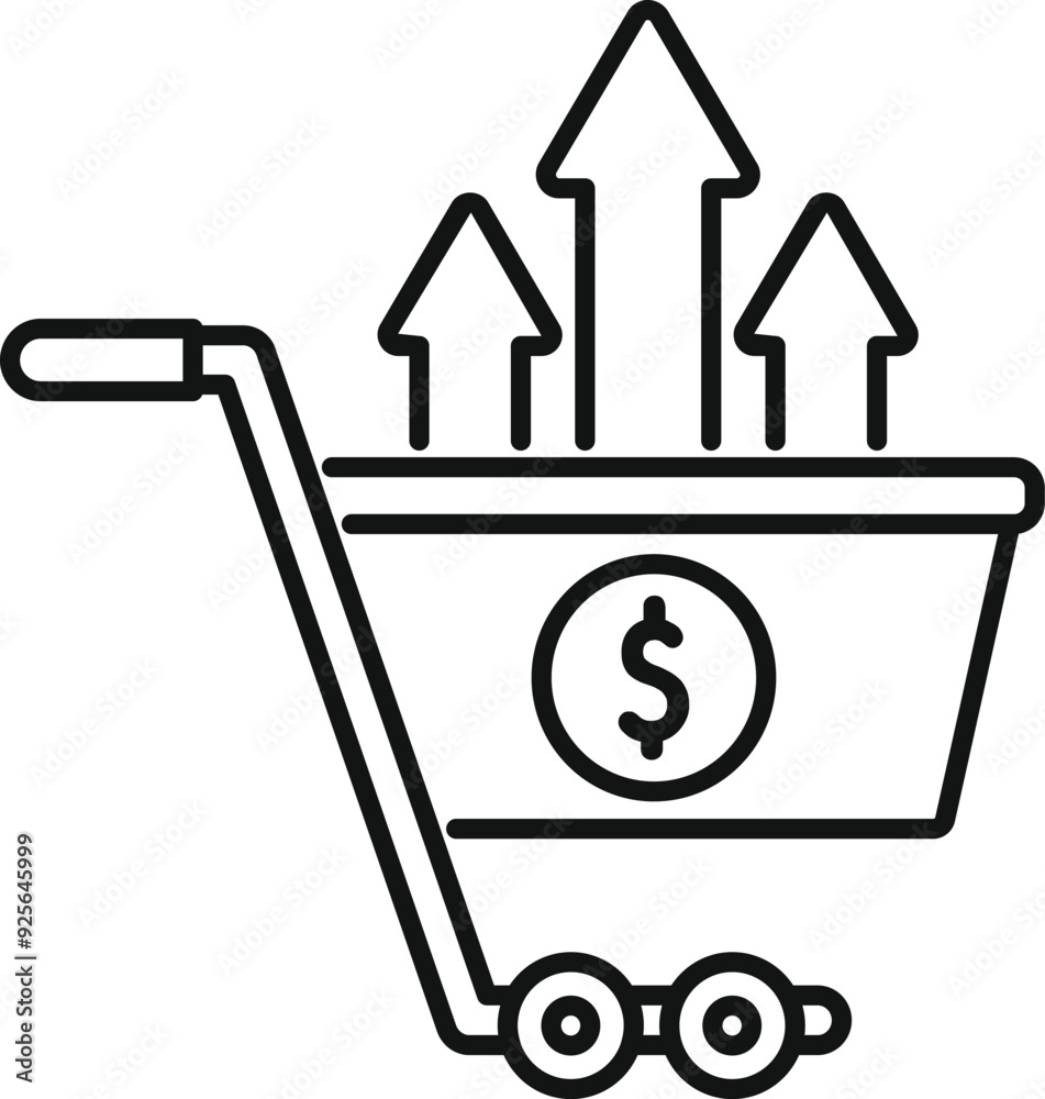 Line art icon of a shopping cart with three arrows going up representing a sales growth Line art icon of a shopping cart with three arrows going up representing a sales growth