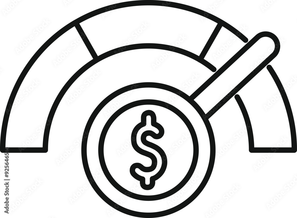 Line art vector icon of a speedometer increasing with a magnifying glass focusing on a dollar sign Line art vector icon of a speedometer increasing with a magnifying glass focusing on a dollar sign