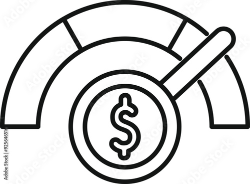 Line art vector icon of a speedometer increasing with a magnifying glass focusing on a dollar sign