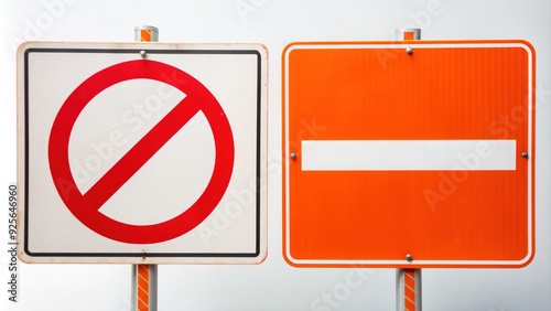 Bold orange and white warning signs crossed out with a red line designed to grab attention against a clean white background photo