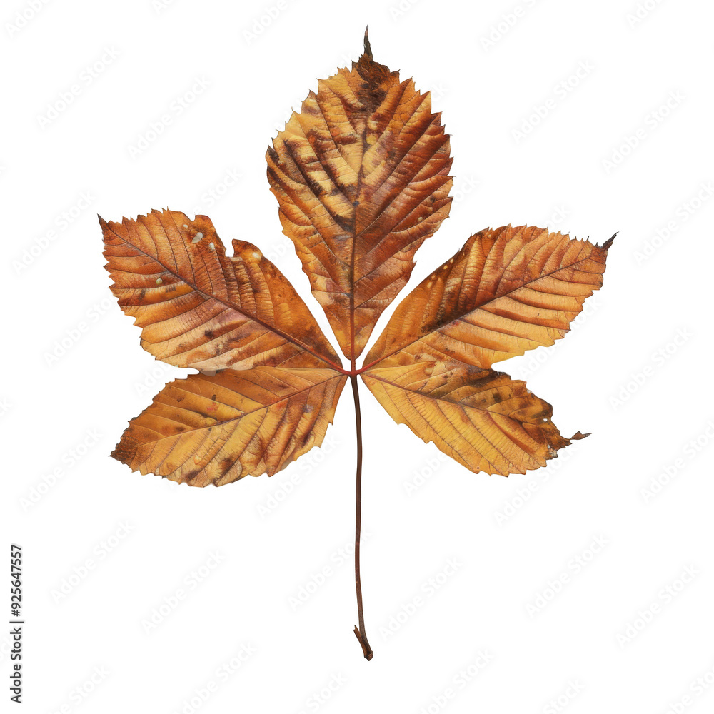 Fototapeta premium A Single Dried, Browned Leaf with Five Lobes and a Long Stem