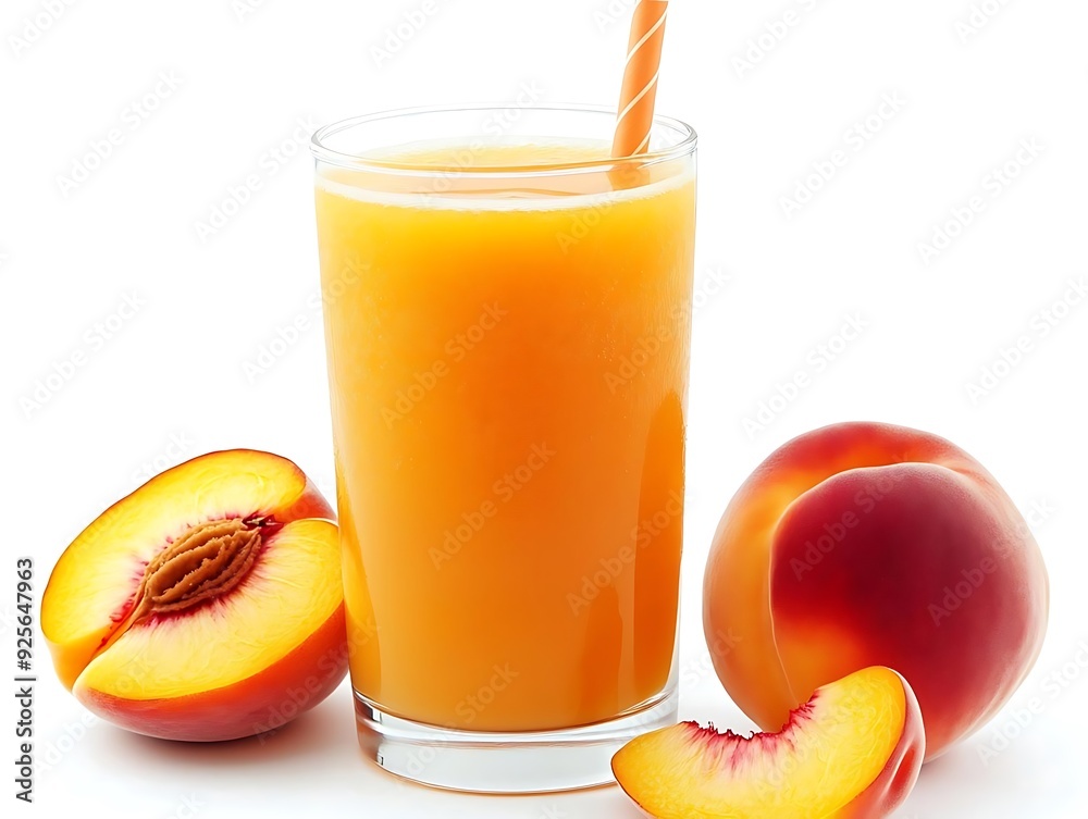 Glass of Peach Juice with Peach Slices on White Background - Photo Glass of Peach Juice with Peach Slices on White Background - Photo