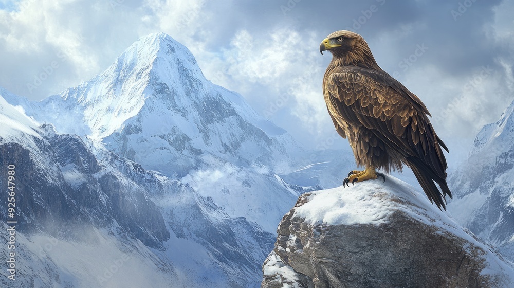 Fototapeta premium Golden eagle perched on rock with snowy mountains