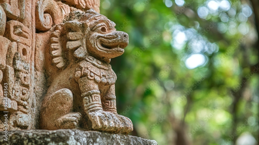 Ancient stone carved statue of mythical creature in lush forest setting Ancient stone carved statue of mythical creature in lush forest setting