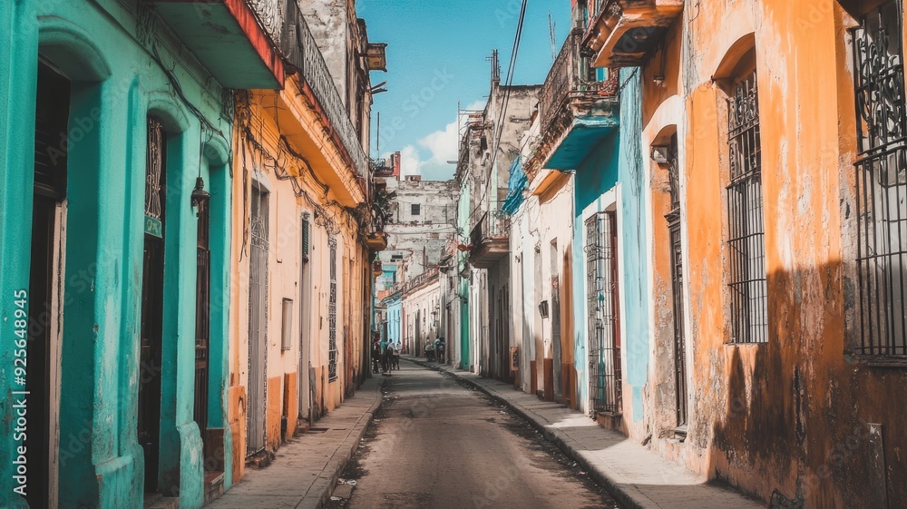 Fototapeta premium Narrow street with colorful buildings under blue sky in old town, showing vintage architectural style