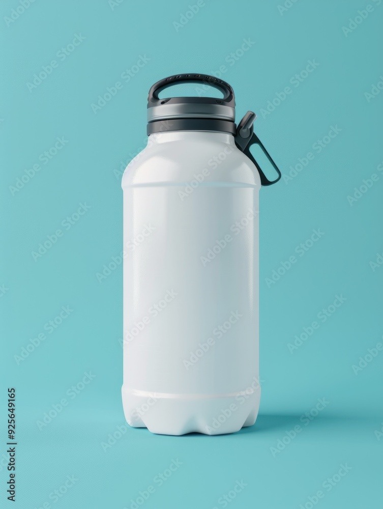 White Plastic Bottle with Black Cap and Handle on Turquoise Background. White Plastic Bottle with Black Cap and Handle on Turquoise Background.