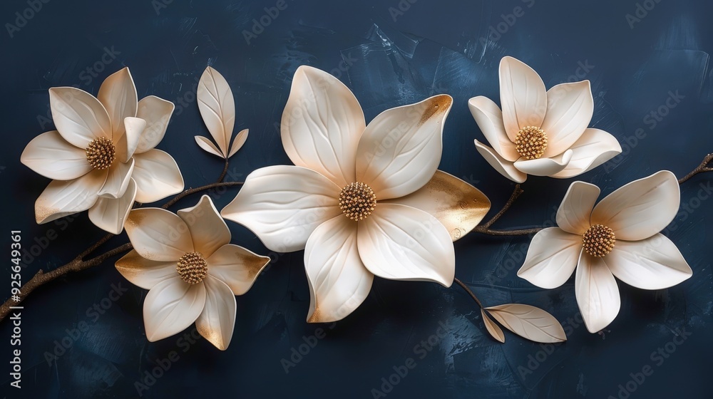 Generate a visually stunning triptych with white 3D magnolia flowers set against a dark blue backdrop, highlighting elegance and grace Generate a visually stunning triptych with white 3D magnolia flowers set against a dark blue backdrop, highlighting elegance and grace