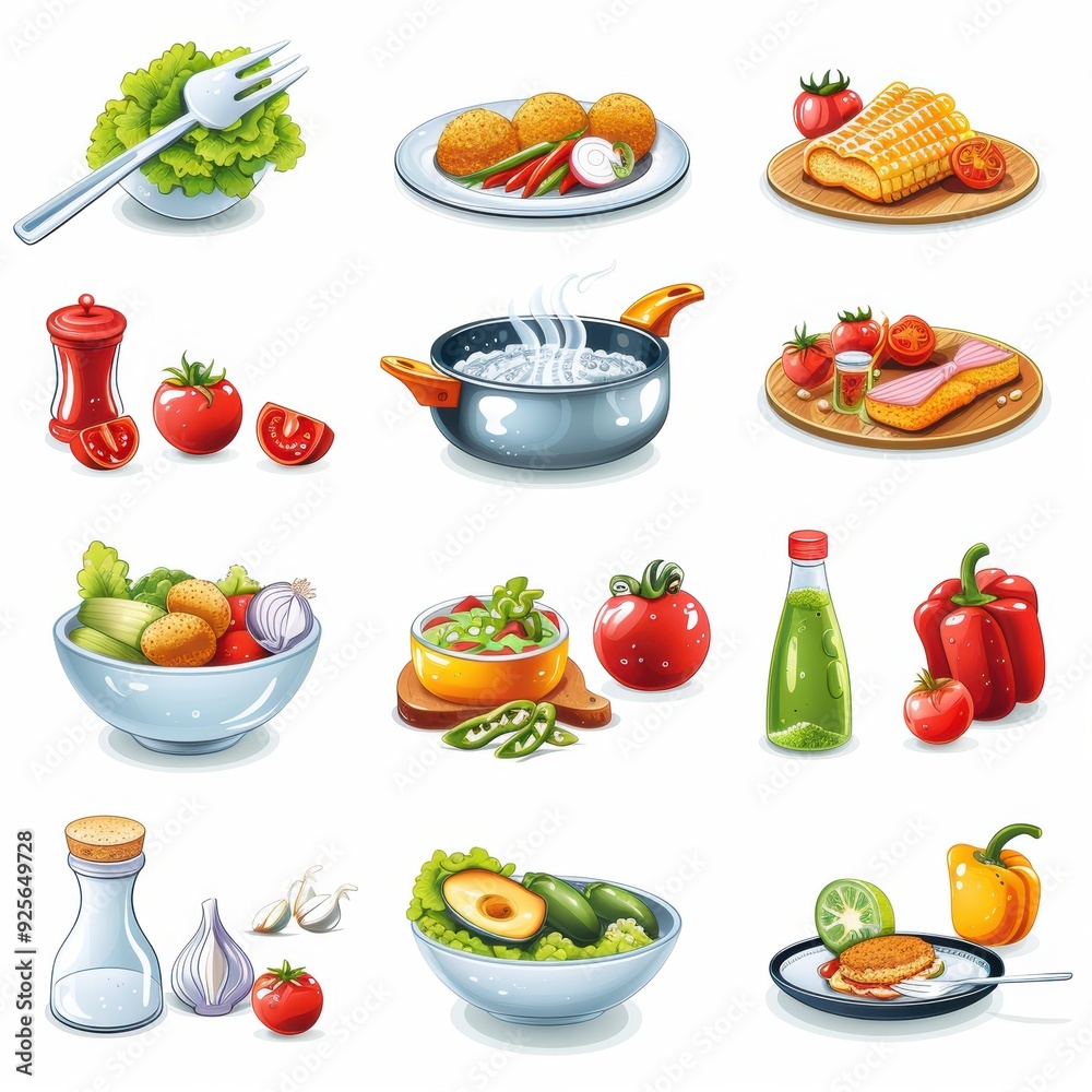 A collection of food items including a bowl of salad, a plate of meat, and a bottle of dressing A collection of food items including a bowl of salad, a plate of meat, and a bottle of dressing