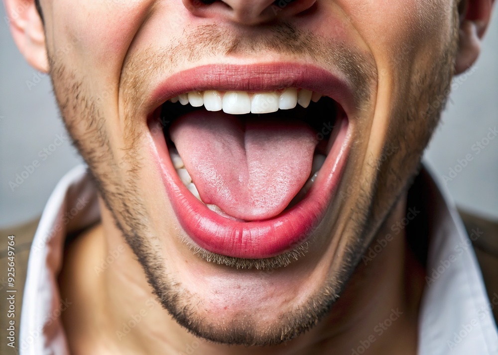 Close-up of a human mouth, tongue out, and lips parted in a playful ...