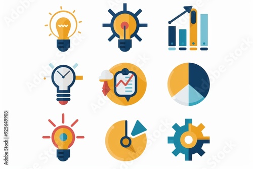 A set of icons for business and finance, including a clock, a light bulb, a pie chart, and a gear