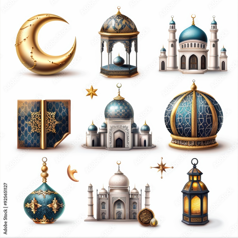 Obraz premium A variety of blue and white buildings, including a mosque, a palace, and a palace. The buildings are decorated with gold and blue accents, giving them a sense of grandeur and elegance