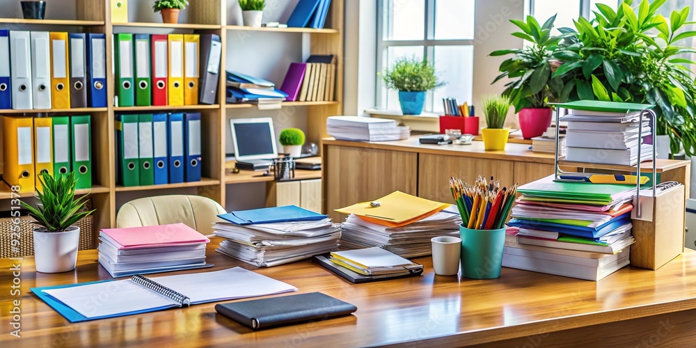 Cluttered desk transformed into organized workspace with neatly arranged papers, pens, and folders, symbolizing the transition from chaos to order and productivity. Cluttered desk transformed into organized workspace with neatly arranged papers, pens, and folders, symbolizing the transition from chaos to order and productivity.