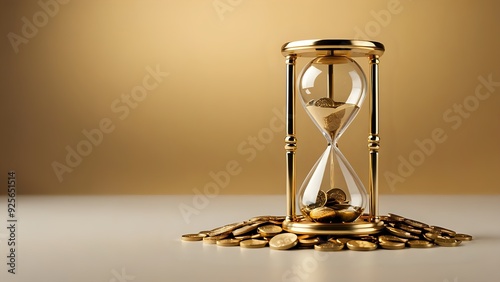 Golden hourglass with gold coins spilling out.