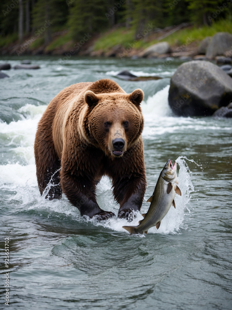 A brown bear fishing in a fast-flowing river, with water splashing around as it catches a salmon, surrounded by lush green forest. A brown bear fishing in a fast-flowing river, with water splashing around as it catches a salmon, surrounded by lush green forest.