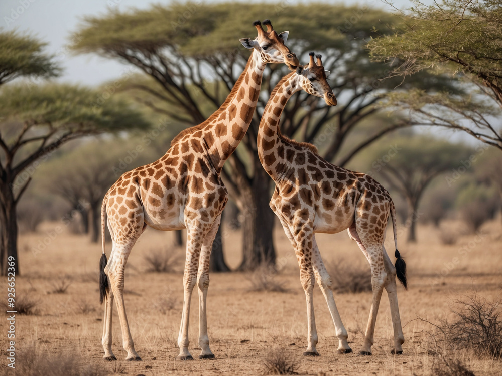A pair of giraffes standing tall in the middle of a dry acacia forest, their long necks reaching up to the treetops to feed on leaves. A pair of giraffes standing tall in the middle of a dry acacia forest, their long necks reaching up to the treetops to feed on leaves.