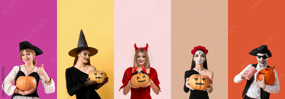 Fototapeta premium Set of people in Halloween costumes and with pumpkins on color background