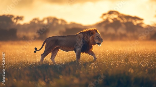 a lion walking gracefully through the savannah at dawn photo