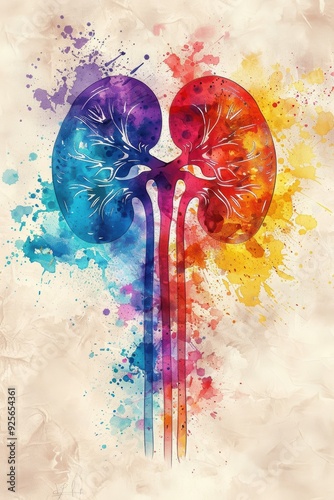 A colorful drawing of a kidney with a blue stem. The drawing is abstract and has a lot of splatters of paint