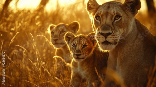 lions in the savannah with sunset background photo