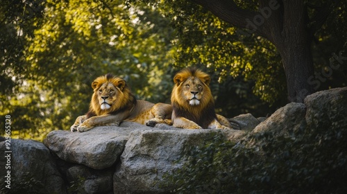 pair of lion lounging on a rocky photo