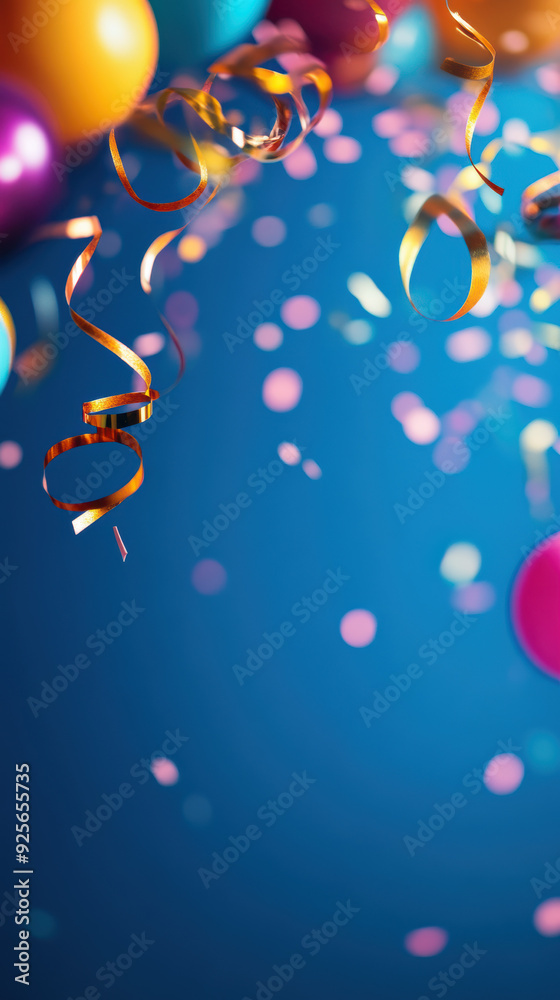 Colorful party background with balloons, streamers, and confetti on a blue backdrop. Perfect for celebrations and festive occasions. Colorful party background with balloons, streamers, and confetti on a blue backdrop. Perfect for celebrations and festive occasions.