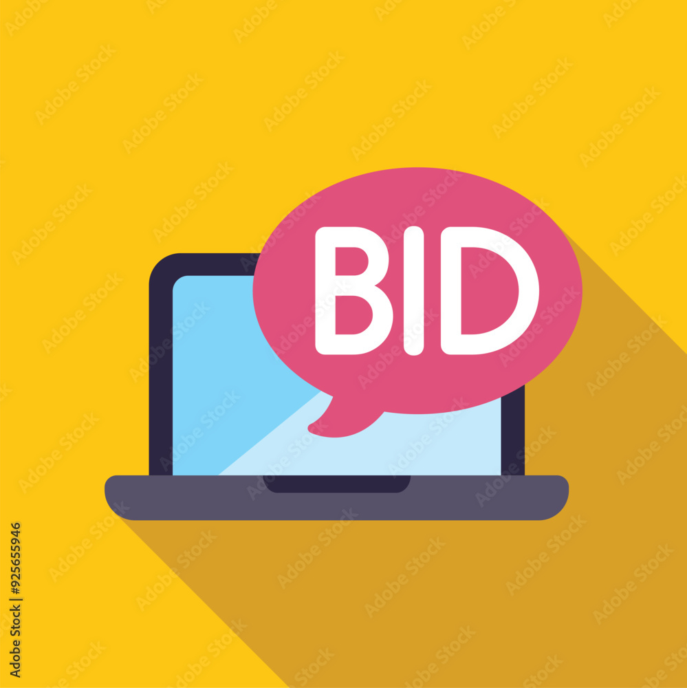 Laptop is showing a bid speech bubble, symbolizing online auction and e commerce Laptop is showing a bid speech bubble, symbolizing online auction and e commerce