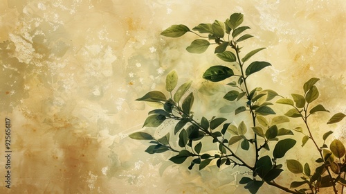 A leafy branch is shown against a tan background. Concept of calm and tranquility, as the leafy branch stands out against the neutral background photo