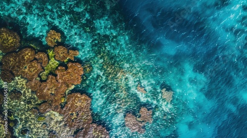 A coral reef from above, with its colorful formations visible through the clear, blue water, representing Earth's underwater beauty.