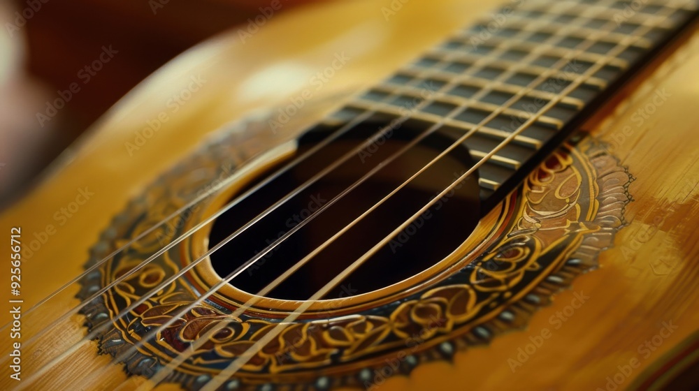 Fototapeta premium A detailed view of a classical guitar rosette and bridge, capturing the fine craftsmanship and elegant design.