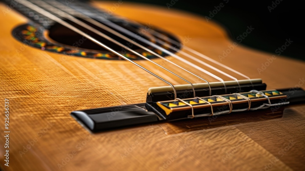 Fototapeta premium A detailed view of a classical guitar rosette and bridge, capturing the fine craftsmanship and elegant design.
