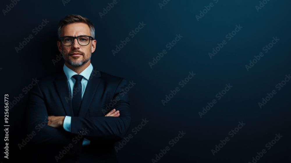 Confident businessman in a dark suit with glasses, standing with arms crossed against a dark blue background, exuding professionalism and authority. Confident businessman in a dark suit with glasses, standing with arms crossed against a dark blue background, exuding professionalism and authority.