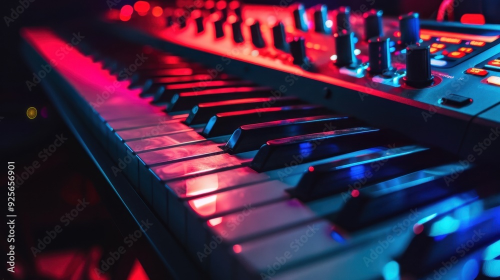 A digital keyboard with a backlit display and various controls, representing modern music technology. A digital keyboard with a backlit display and various controls, representing modern music technology.