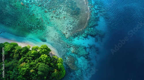 A drone view of a coral reef at the edge of a tropical island, showing the contrast between land and sea.