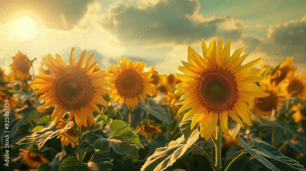Fototapeta premium A field of sunflowers under a bright sky, symbolizing Earth abundance and the cycle of life.