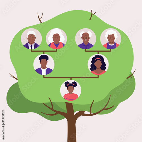 Genealogical Black Family Tree With Diagram. Four Black Grandparents, Two Parents And One Child. Genealogy. Ancestry. Multi-Generational. Three Generations.