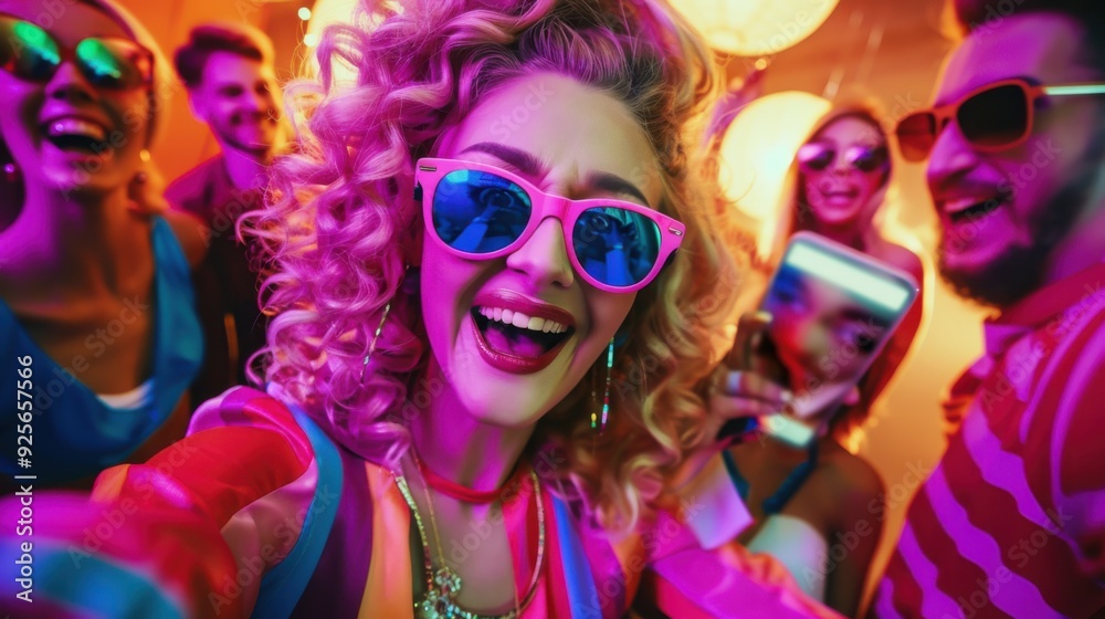 Friends in colorful retro outfits and sunglasses, taking a selfie at a vibrant party with neon lights. Friends in colorful retro outfits and sunglasses, taking a selfie at a vibrant party with neon lights.