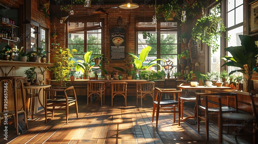 Fototapeta premium Cozy and Inviting Rustic Cafe Interior with Natural Lighting and Greenery