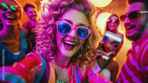 Friends in colorful retro outfits and sunglasses, taking a selfie at a vibrant party with neon lights.